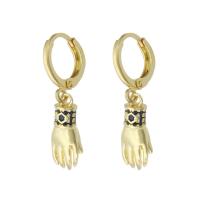 Messing Huggie Hoop Drop Earring, Hand, gold plated, micro pave zirconia & voor vrouw, 29mm, Verkocht door pair