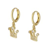 Boucles d'oreilles en laiton zircon cubique pavent, couronne, Placage de couleur d'or, pavé de micro zircon & pour femme, 24mm, Vendu par paire