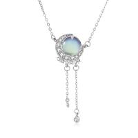 Zircone cubico Micro spianare collana dell'argento sterlina, 925 sterline d'argento, with Moonstone, placcato color platino, Micro spianare cubic zirconia & per la donna, 12x40mm, Lunghezza Appross. 15.74 pollice, Venduto da PC