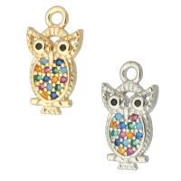 Terningformet Zirkon Micro Pave Messing vedhæng, Owl, forgyldt, Micro Pave cubic zirconia, flere farver til valg, 8x14x2mm, Hole:Ca. 1mm, Solgt af PC