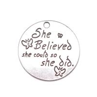 En alliage de zinc message Pendentifs, Rond, Placage de couleur argentée, bijoux de mode, argent, protéger l'environnement, sans nickel, plomb et cadmium, 24x24mm, Vendu par PC