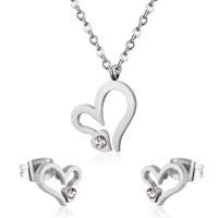 Set di gioielli in acciaio inox, Orecchino a bottone & Collana, 304 acciaio inox, Cuore, 2 pezzi & gioielli di moda & per la donna & con strass, nessuno, 12mm*9mm,10mm*8mm, Lunghezza Appross. 17.72 pollice, Venduto da set