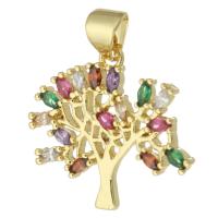 Cubique Pendentif en laiton zircon pavent, arbre, Placage de couleur d'or, bijoux de mode & DIY & pavé de micro zircon & pour femme, multicolore, 20x18.50x2mm, Trou:Environ 3mm, 10PC/lot, Vendu par lot