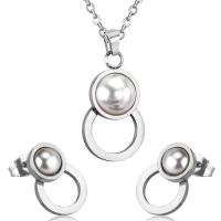 Nerezová ocel šperky Soupravy, Stud náušnice & náhrdelník, 304 Stainless Steel, s Plastové Pearl, 2 kusy & módní šperky & pro ženy, více barev na výběr, 26mm*15mm,16mm*11mm, Délka Cca 17.72 inch, Prodáno By nastavit