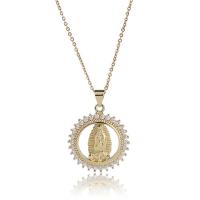 Circón cúbico Micro pavimentar collar de cobre amarillo, metal, con 1.96inch extender cadena, Virgen María, chapado en oro real, cadena oval & micro arcilla de zirconia cúbica & para mujer & hueco, más colores para la opción, libre de níquel, plomo & cadmio, 20x28mm, longitud aproximado 15.7 Inch, Vendido por UD