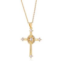 Cubic Zircon Micro Pave Brass Necklace with 1.96inch extender chain Cross real gold plated oval chain & micro pave cubic zirconia & for woman nickel lead & cadmium free Length Approx 15.7 Inch Sold By PC