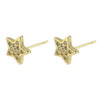 Mässing Stud Earring, Star, guldfärg pläterade, mode smycken & micro bana cubic zirconia & för kvinna, gyllene, 9x9x13mm, 10Pairs/Lot, Säljs av Lot