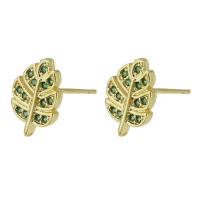 Cubic Zirconia Micro Pave Latão Brinco, cobre, Folha, cromado de cor dourada, joias de moda & micro pavimento em zircônia cúbica & para mulher, verde, 8x12x13mm, 10Pairs/Lot, vendido por Lot