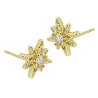 Messing oorbellen met micro-paved kubieke zirconia's, Acht Point Star, gold plated, mode sieraden & micro pave zirconia & voor vrouw, gouden, 10x10x15mm, 10paren/Lot, Verkocht door Lot