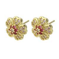 Boucles d'oreilles en laiton zircon cubique pavent, fleur, Placage de couleur d'or, bijoux de mode & pavé de micro zircon & pour femme, rose, 10x10x16mm, 10pairescouple/lot, Vendu par lot