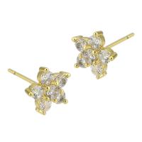 Boucles d'oreilles en laiton zircon cubique pavent, fleur, Placage de couleur d'or, bijoux de mode & pavé de micro zircon & pour femme, doré, 8x8x15mm, 10pairescouple/lot, Vendu par lot