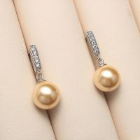 Сережки из ракушек с Южного моря, Латунь, с Shell Pearl, Круглая, плакирован серебром, инкрустированное микро кубического циркония, Много цветов для выбора, 10mm, продается Пара