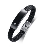 PU leder koord armbanden, 304 roestvrij staal, met Microfiber PU, mode sieraden & voor de mens & met strass, zwart, Lengte Ca 8.46 inch, Verkocht door PC