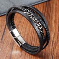 PU Leather Cord Bracelets with 304 Stainless Steel Vacuum Ion Plating for man black Length 8.2 Inch Sold By PC