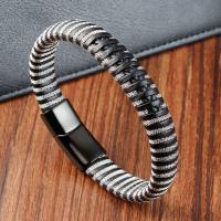 PU Leather Cord Bracelets with 304 Stainless Steel Vacuum Ion Plating for man black Length 8.2 Inch Sold By PC