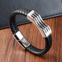 PU Leather Cord Bracelets with 304 Stainless Steel Vacuum Ion Plating for man black Length 8.2 Inch Sold By PC