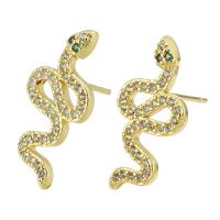 Boucles d'oreilles en laiton zircon cubique pavent, serpent, Placage de couleur d'or, bijoux de mode & pavé de micro zircon & pour femme, doré, 9x19x14mm, 10pairescouple/lot, Vendu par lot