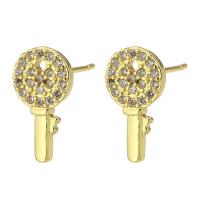 Boucles d'oreilles en laiton zircon cubique pavent, clé, Placage de couleur d'or, bijoux de mode & pavé de micro zircon & pour femme, doré, 7x14x14mm, 10pairescouple/lot, Vendu par lot