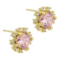 Boucles d'oreilles en laiton zircon cubique pavent, Placage de couleur d'or, bijoux de mode & pavé de micro zircon & pour femme, rose, 10x10x16mm, 10pairescouple/lot, Vendu par lot