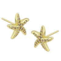 Terningformet Zirkon Micro Pave Messing Øreringe, Starfish, guldfarve belagt, mode smykker & Micro Pave cubic zirconia & for kvinde, gylden, 10x10x14mm, 10par/Lot, Solgt af Lot