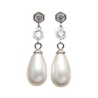 Farraige Theas Shell Earring, le Ciúbach Zirconia & Prás, Teardrop, dath airgid plated, do bhean, bán, 9x14mm, Díolta De réir Péire