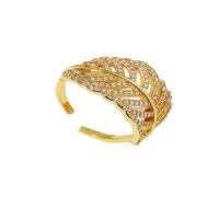 Messing Cuff fingerring, Leaf, guldfarve belagt, Micro Pave cubic zirconia, gylden, nikkel, bly & cadmium fri, 17mm, Solgt af PC