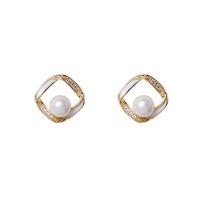 Pendientes de Perno de Aleación de Zinc, con Perlas plásticas, chapado en color dorado, para mujer & esmalte & con diamantes de imitación & hueco, 14x14mm, Vendido por Par