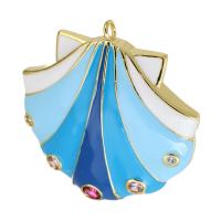 Cubique Pendentif en laiton zircon pavent, coquille, Placage de couleur d'or, bijoux de mode & DIY & pavé de micro zircon & émail, bleu, 30x35x7mm, Trou:Environ 2mm, 10PC/lot, Vendu par lot