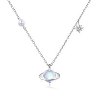 Collier bijoux de pierre gemme, alliage de zinc, avec Moonstone & Shell Pearl, avec 1.96 inch chaînes de rallonge, Placage de couleur platine, pavé de micro zircon & pour femme, 12.30x11.20mm, Longueur Environ 15.74 pouce, Vendu par PC