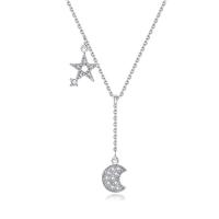 Colar de jóias de liga de zinco, with 1.96 inch extender chain, Lua e estrela, cromado de cor platina, micro pavimento em zircônia cúbica & para mulher, comprimento Aprox 15.74 inchaltura, vendido por PC