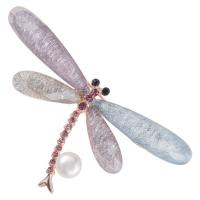 Strass Broche, Zinc Alloy, met Zoetwater Parel, Dragonfly, gold plated, voor vrouw & met strass, multi-gekleurde, 73x40mm, Verkocht door PC