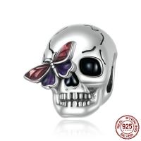 925 Sterling Silver European Pärlor, Skull, oxidation, emalj, silver, 12x10mm, Hål:Ca 4.5mm, Säljs av PC