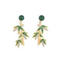 Gemstone Oorbellen, Messing, met Groene Calcedony, Bamboe, gold plated, Handgeschilderd glazuur & voor vrouw, 34mm, Verkocht door pair