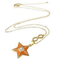 Cubic Zircon Micro Pave Brass Necklace Star gold color plated micro pave cubic zirconia & for woman & enamel orange Length Approx 20 Inch Sold By PC