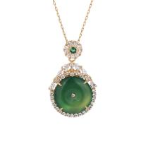 Gemstone smykker halskæde, Messing, med Green Calcedony, guldfarve belagt, Micro Pave cubic zirconia & for kvinde, grøn, 24x40mm, Længde Ca. 17.71 inch, Solgt af PC