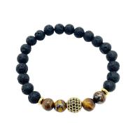 Lava Armband, met Tiger Eye & Messing, Ronde, gold plated, uniseks & micro pave zirconia, gemengde kleuren, 8mm, Lengte Ca 7.48 inch, Verkocht door PC