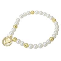 Terningformet Zirkon Micro Pave Messing armbånd, med Plastic Pearl, guldfarve belagt, Micro Pave cubic zirconia & for kvinde, hvid, Længde Ca. 7 inch, Solgt af PC