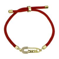 Messing armband met micro-paved kubieke zirconia's, met Textiel binnenwerk Cord, gold plated, Verstelbare & micro pave zirconia & voor vrouw, rood, Lengte Ca 8 inch, Verkocht door PC