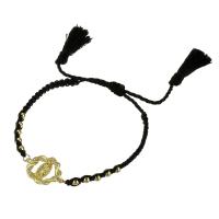 Messing armband met micro-paved kubieke zirconia's, met Textiel binnenwerk Cord, gold plated, Verstelbare & micro pave zirconia & voor vrouw & hol, zwart, Lengte Ca 11 inch, Verkocht door PC