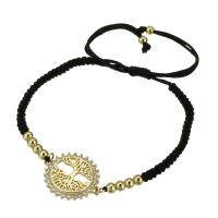 Messing armband met micro-paved kubieke zirconia's, met Textiel binnenwerk Cord, gold plated, Verstelbare & micro pave zirconia & voor vrouw & hol, zwart, Lengte Ca 12 inch, Verkocht door PC