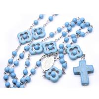 Rosary kaulakoru, Sinkkiseos, kanssa turkoosi, Ylittää, hopea päällystetty, Unisex, sininen, nikkeli, lyijy ja kadmium vapaa, 22x30mm, Pituus 21.46 tuuma, Myymät PC