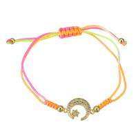 Messing Armband, met Textiel binnenwerk Cord, Maan en Ster, gold plated, Verstelbare & micro pave zirconia & voor vrouw, multi-gekleurde, Lengte Ca 9 inch, Verkocht door PC