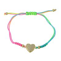 laiton bracelet, avec cordon de polyester, coeur, Placage de couleur d'or, Réglable & pavé de micro zircon & pour femme, multicolore, Longueur Environ 9 pouce, Vendu par PC