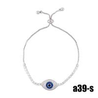 Bracelet Evil Eye bijoux, laiton, Mauvais œil, Placage de couleur argentée, styles différents pour le choix & pavé de micro zircon, argent, protéger l'environnement, sans nickel, plomb et cadmium, 19x14mm, Longueur 9.06 pouce, Vendu par PC