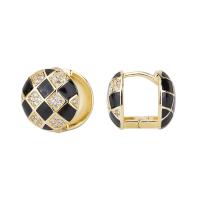 Orecchini cerchietti Hoop ottone, placcato color oro, Micro spianare cubic zirconia & per la donna & smalto, nero, 11.50x11.50mm, Venduto da coppia