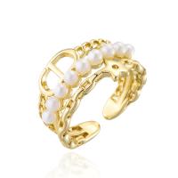 Messing Cuff fingerring, med Plastic Pearl, 18K forgyldt, Justerbar & for kvinde, 18mm, Solgt af PC