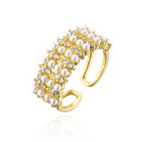 Messing Cuff fingerring, med Plastic Pearl, 18K forgyldt, Justerbar & Micro Pave cubic zirconia & for kvinde, 18mm, Solgt af PC