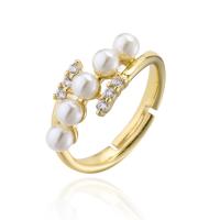 Brass Cuff Finger Ring with Plastic Pearl 18K gold plated Adjustable & micro pave cubic zirconia & for woman 18mm Sold By PC