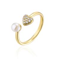 Messing Cuff fingerring, med Plastic Pearl, guldfarve belagt, Justerbar & Micro Pave cubic zirconia & for kvinde, 18mm, Solgt af PC