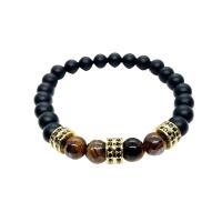 Gemstone Armbånd, Sort Agate, med Tiger Eye & Messing, Runde, guldfarve belagt, mode smykker & Unisex & Micro Pave cubic zirconia, sort, 8mm, Længde Ca. 7.48 inch, Solgt af PC